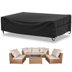 Velway front view of full rectangular cover protecting patio furniture and resisting weather
