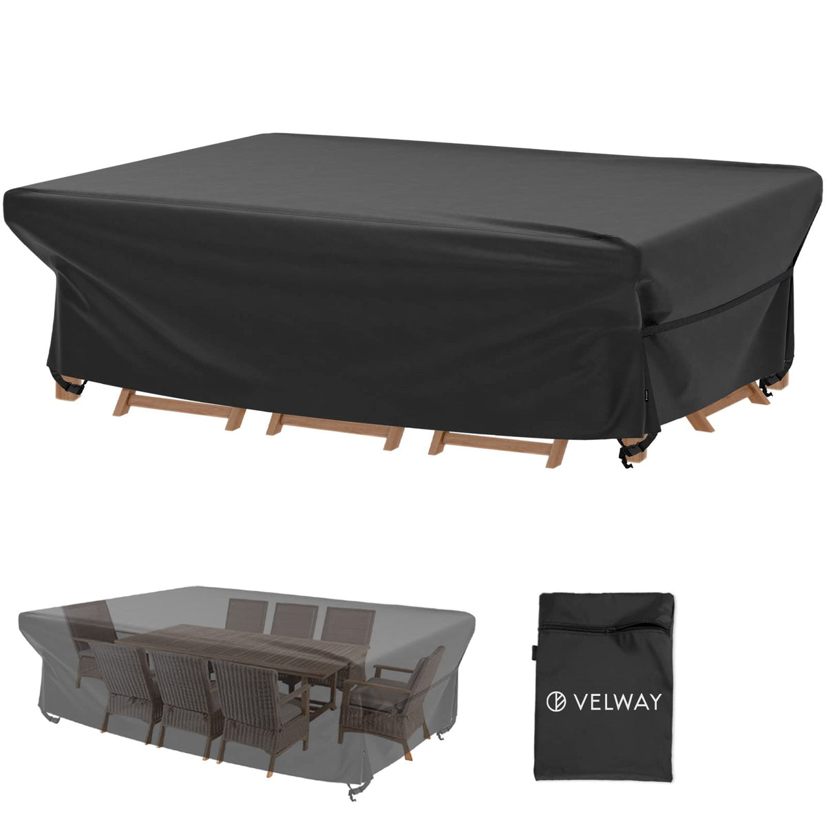 Velway front view of full rectangular cover protecting patio furniture for weather safety