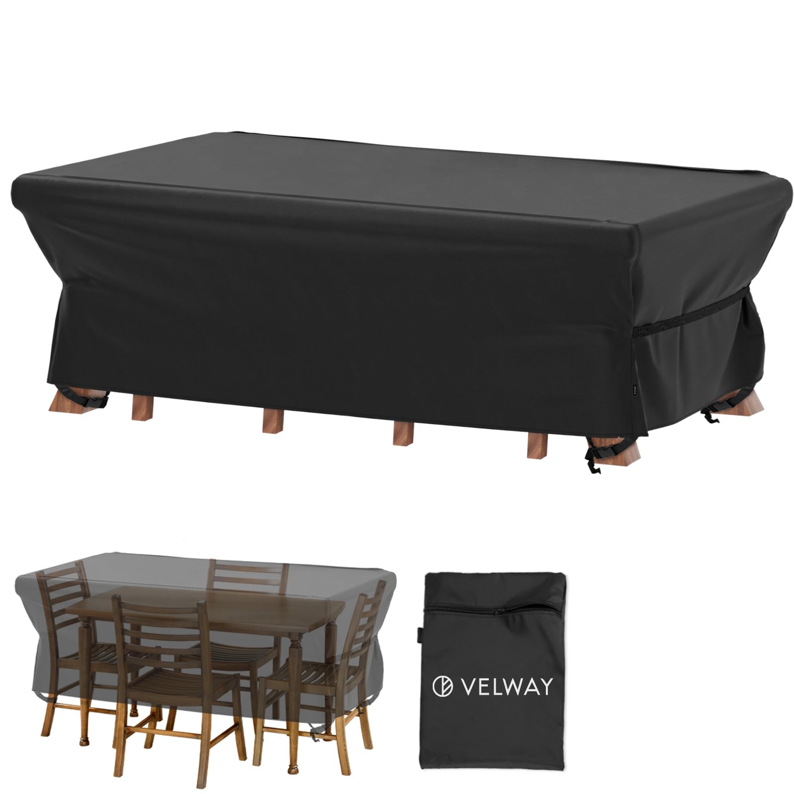 Velway front view of small rectangle cover protecting patio set, shows full fit and protection