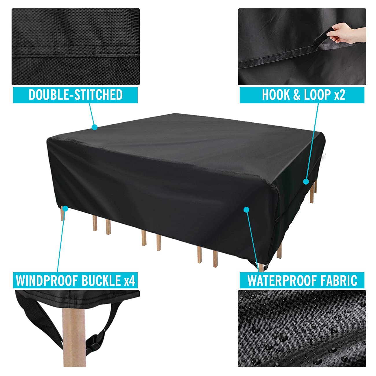 Velway lifestyle shot of covered furniture in rain illustrating weather protection