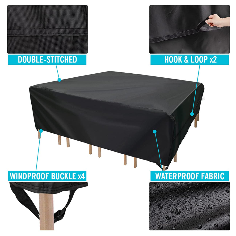 Velway lifestyle shot of covered furniture in rain illustrating weather protection