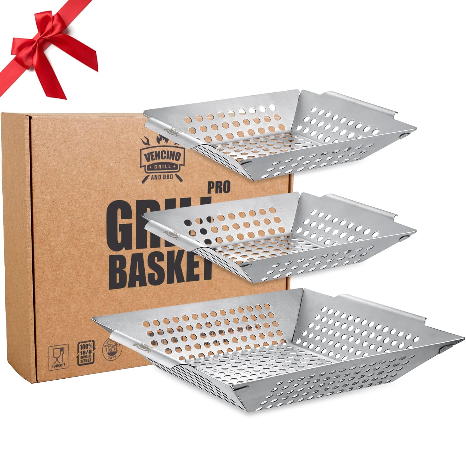 Vencino front packaging showing three stainless grill baskets for easy family meals
