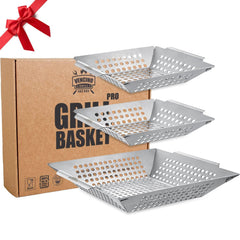 Vencino front packaging showing three stainless grill baskets for easy family meals