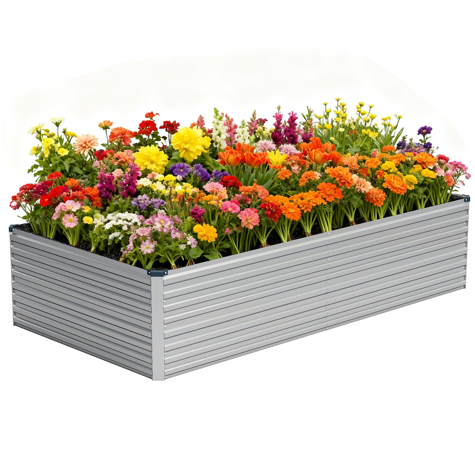 Vengarus front view assembled garden bed showing sturdy silver frame and neat planting