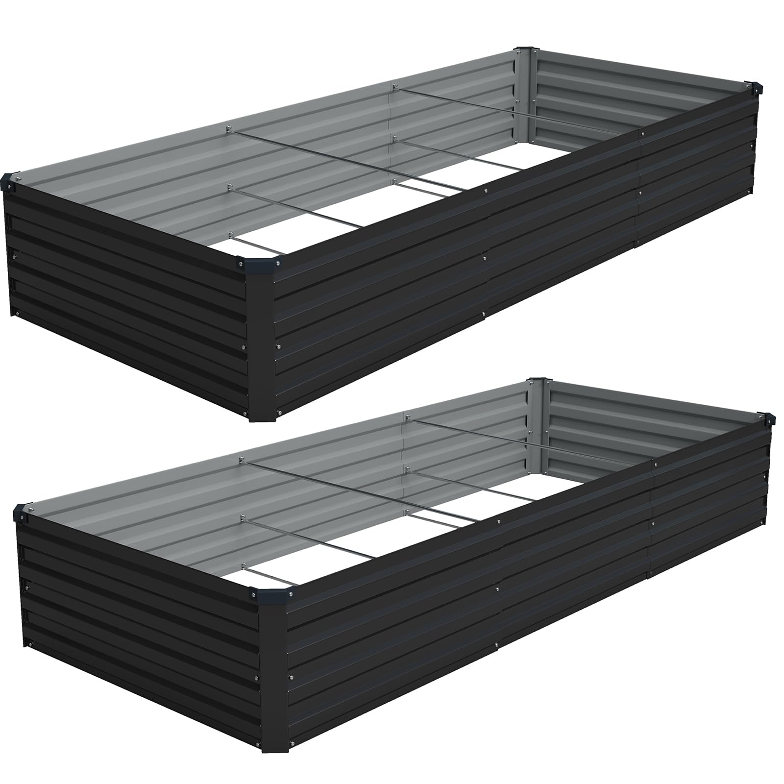 Vengarus front view assembled two black galvanized planter boxes showing full length benefit durability