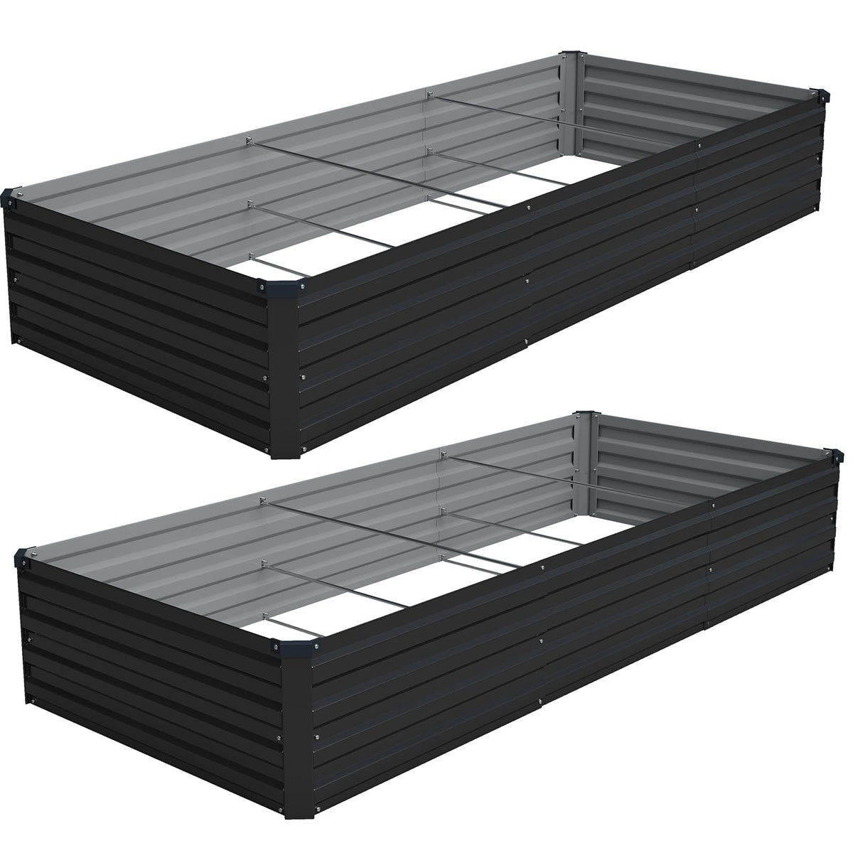 Vengarus front view assembled two black galvanized planter boxes showing full length benefit durability