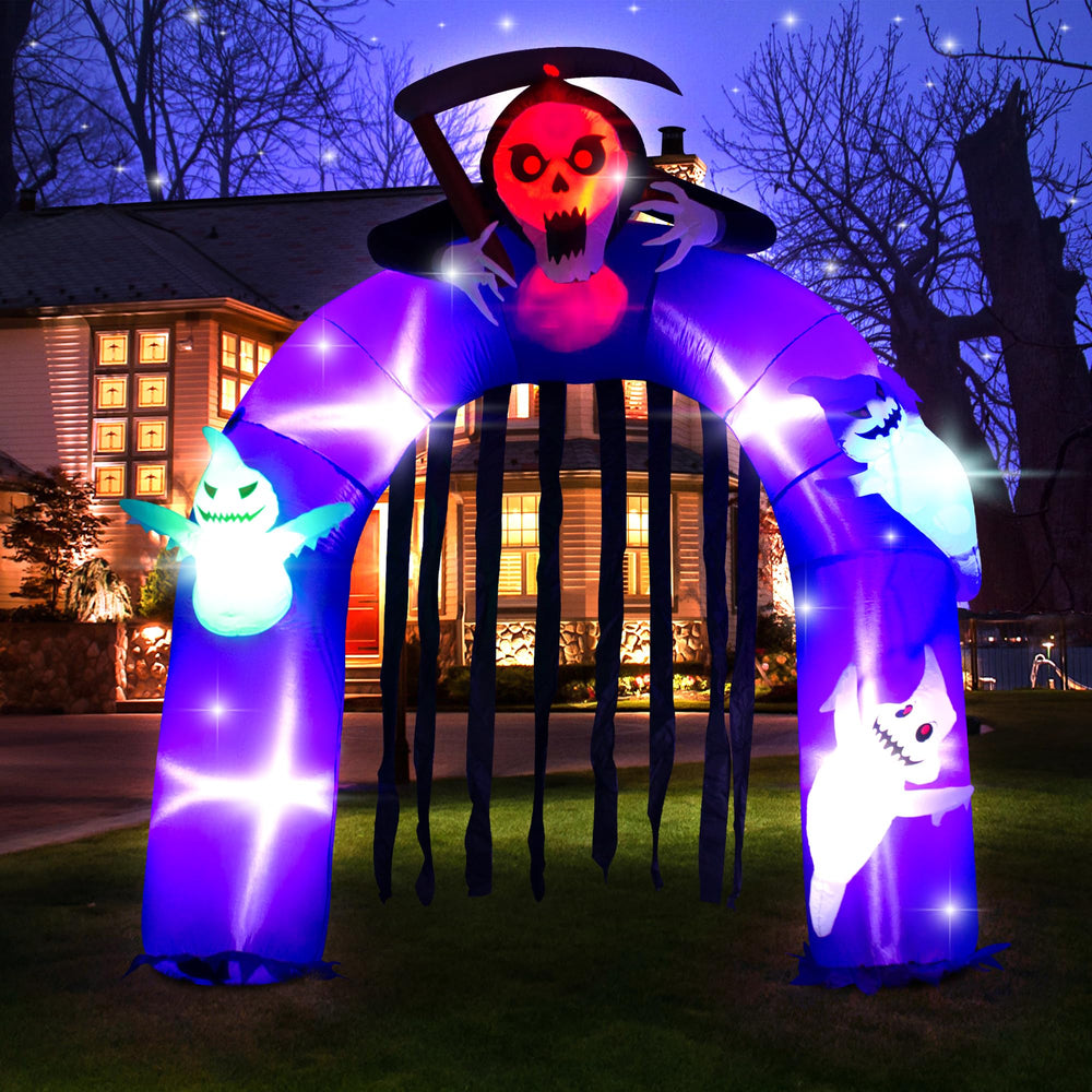 VENLOIS inflatable arch lit on a porch to draw trick-or-treaters