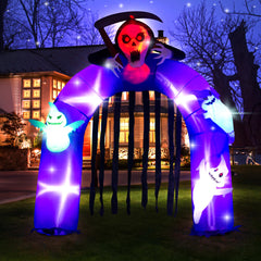 VENLOIS inflatable arch lit on a porch to draw trick-or-treaters