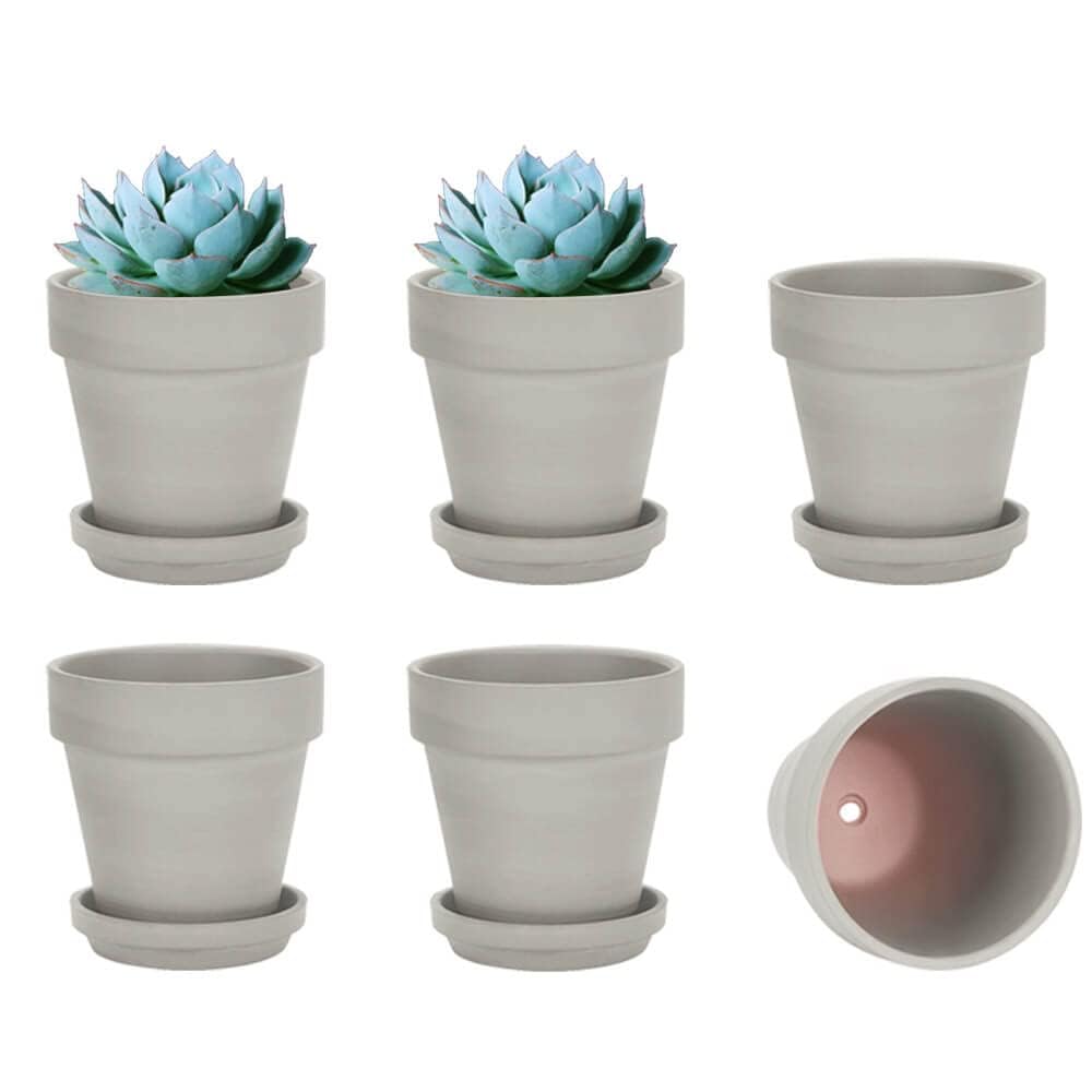vensovo front view of six grey terracotta pots showing coordinated set and modern look