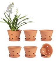vensovo front view of six 4-inch terracotta orchid pots showing compact design and neat stacking