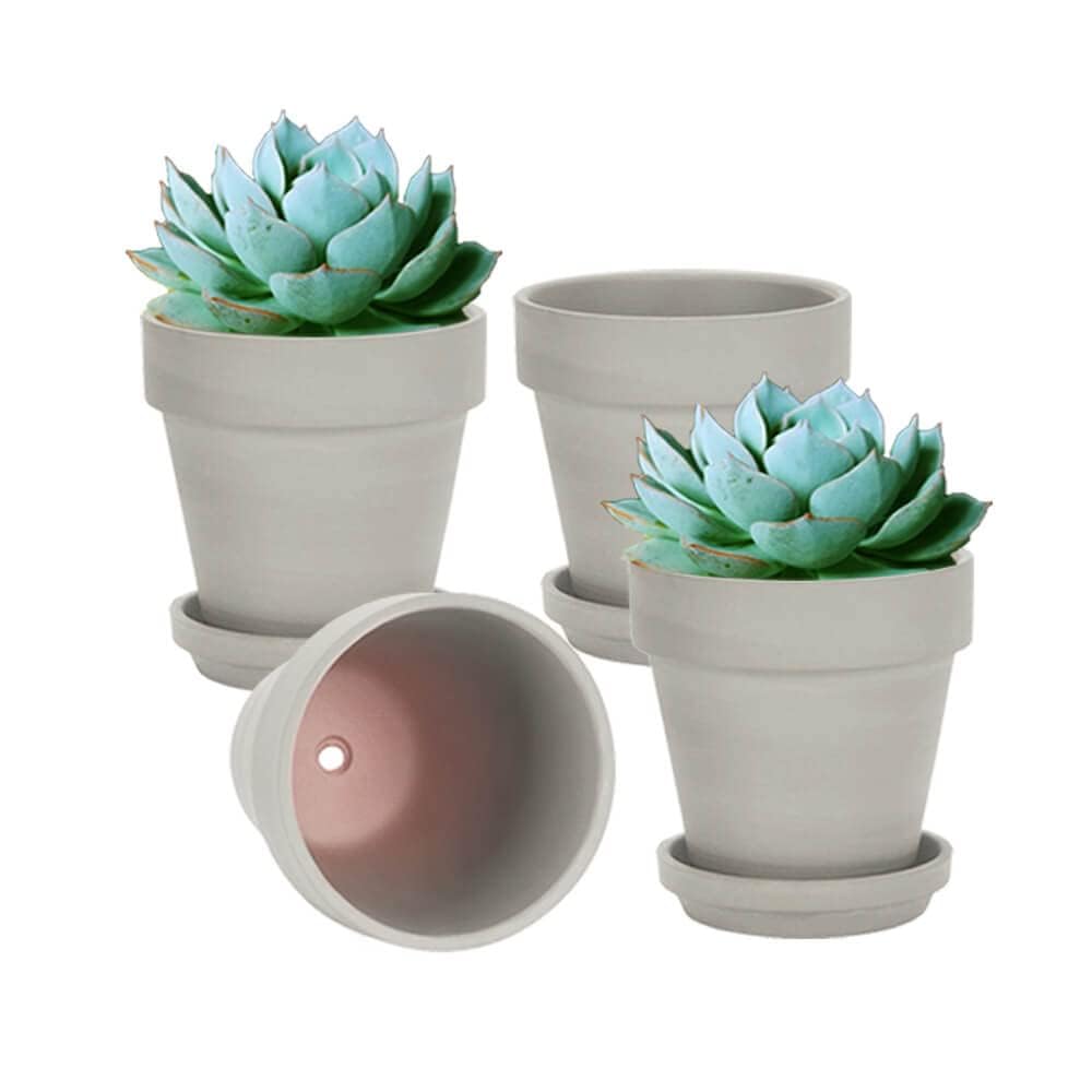 vensovo front view of four 6-inch grey terracotta pots, durable finish