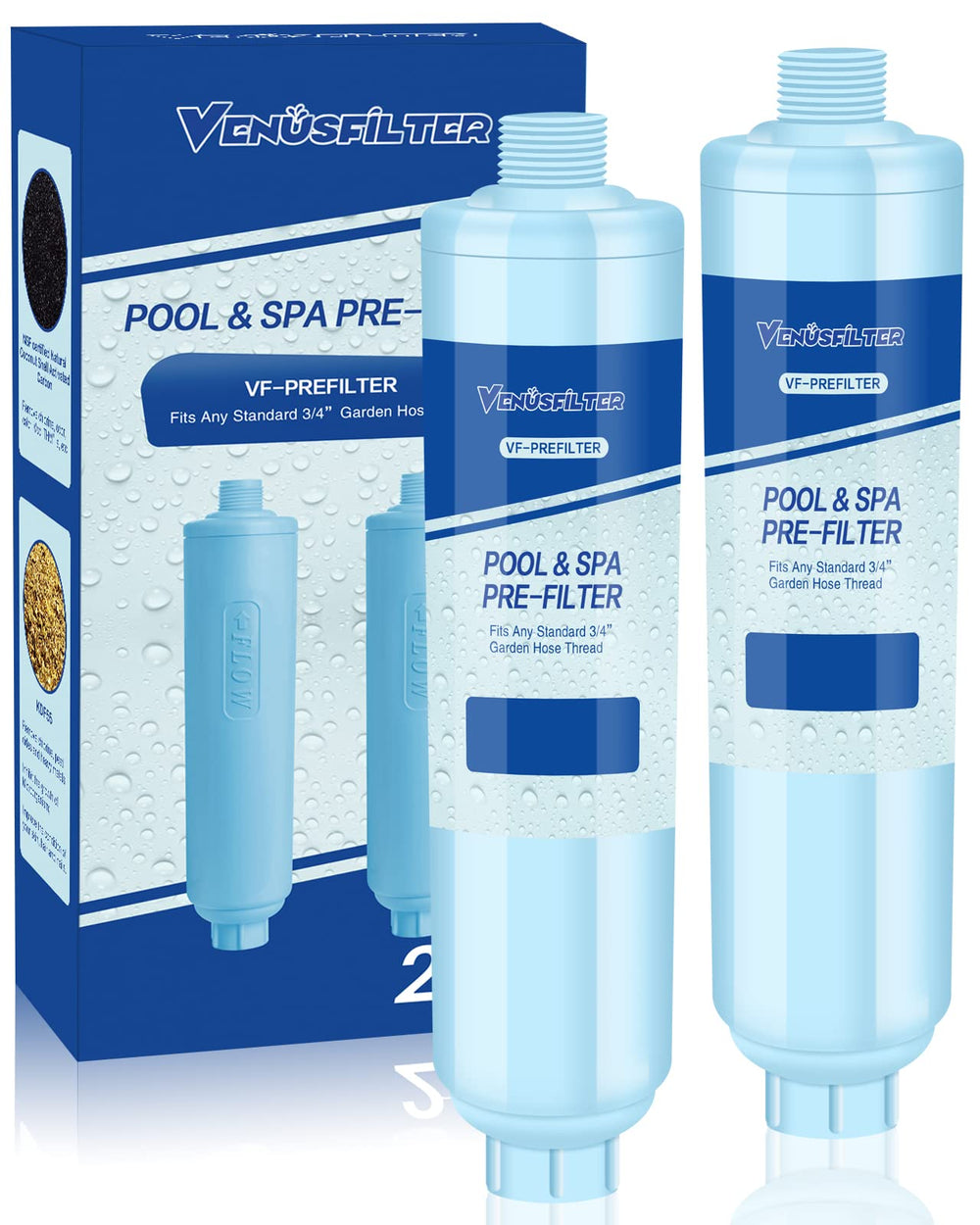 VENUSFILTER front view of dual pack showing compact filter housings and labels, easy setup benefit