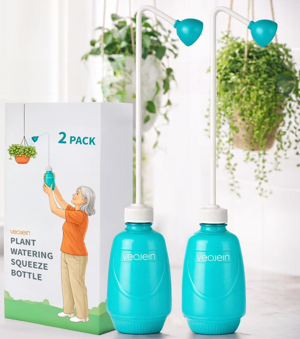 VEOJEIN front packaging showing two teal long-spout squeeze bottles, compact watering convenience