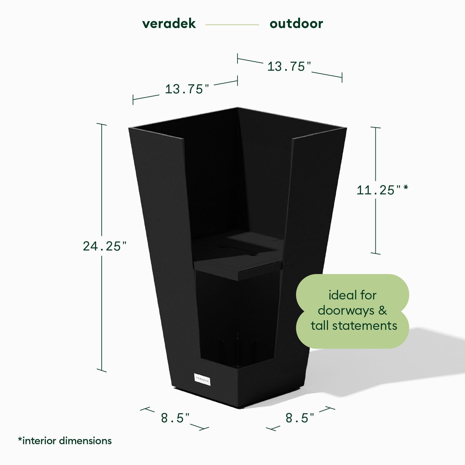 Veradek side profile highlighting tall tapered silhouette and space-saving footprint