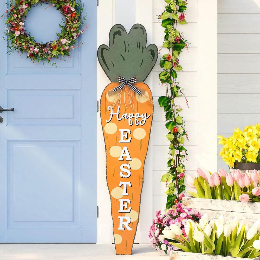 Vercraft carrot leaning on porch near planters to welcome guests outdoors