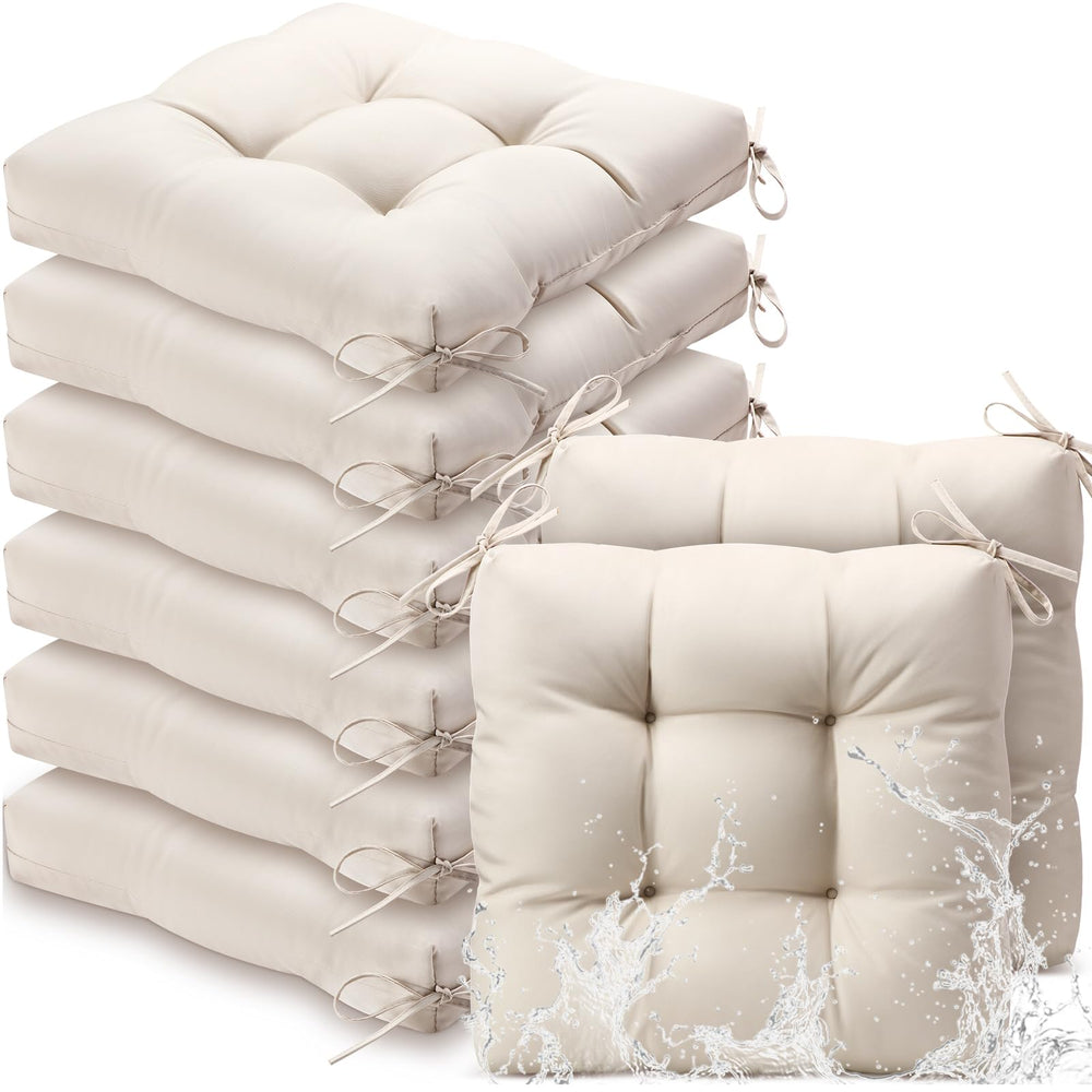 Vercraft front view of eight beige chair cushions showing coordinated set and style