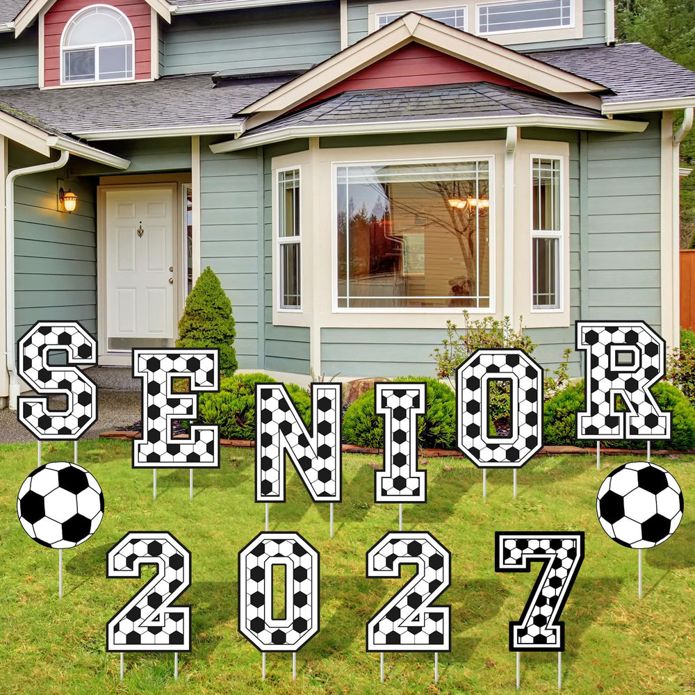 Vercraft yard signs in a backyard party scene highlighting festive graduation and photo area