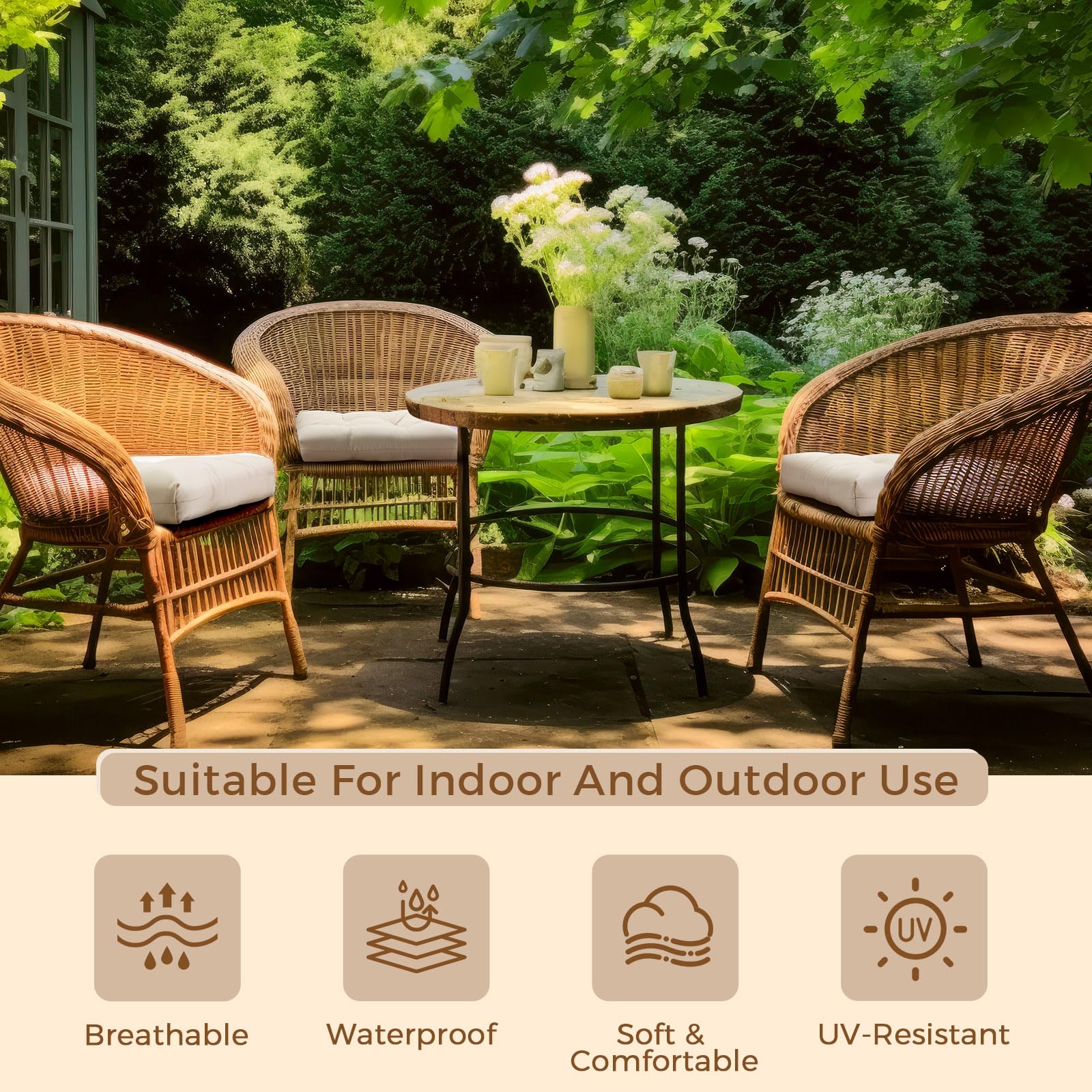 Vercraft cushions styled on patio setting showing durable outdoor-ready look