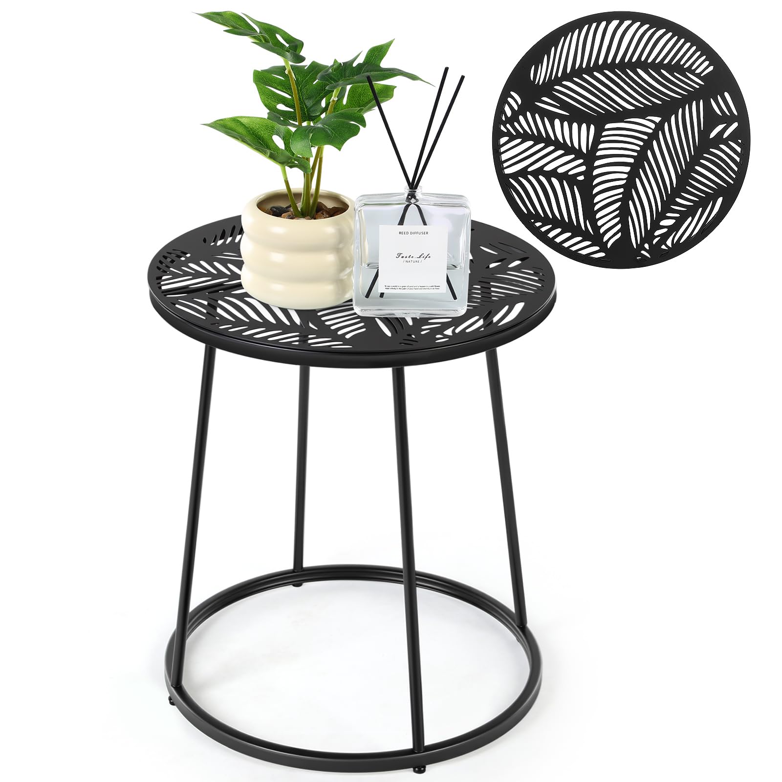 Vercraft front view of black metal side table showing leaf cutouts and compact design benefits