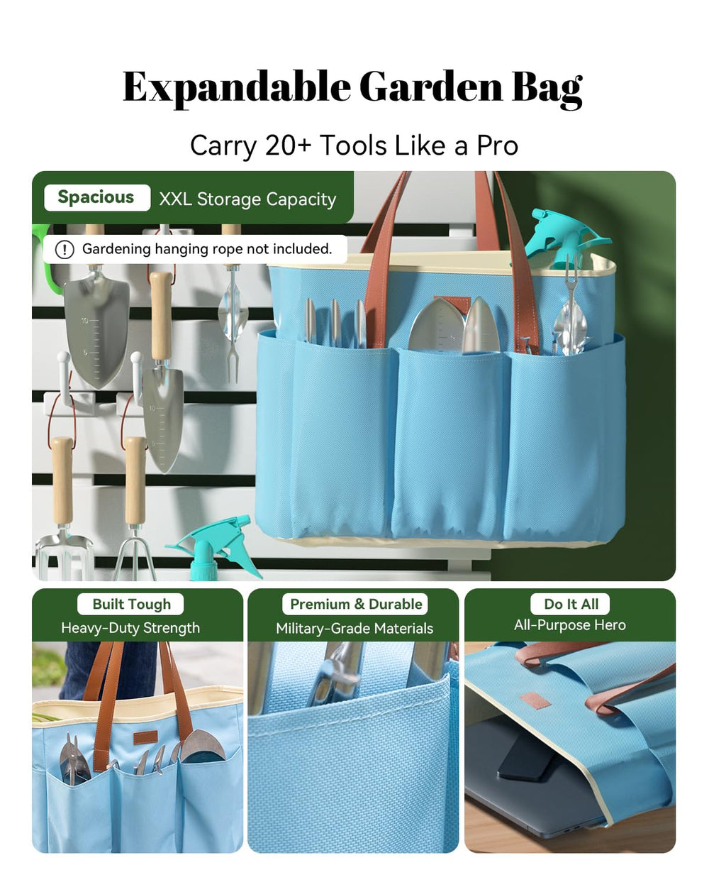 VerdantVibes serene sky blue storage bag open with organized tools demonstrating water-repellent fabric