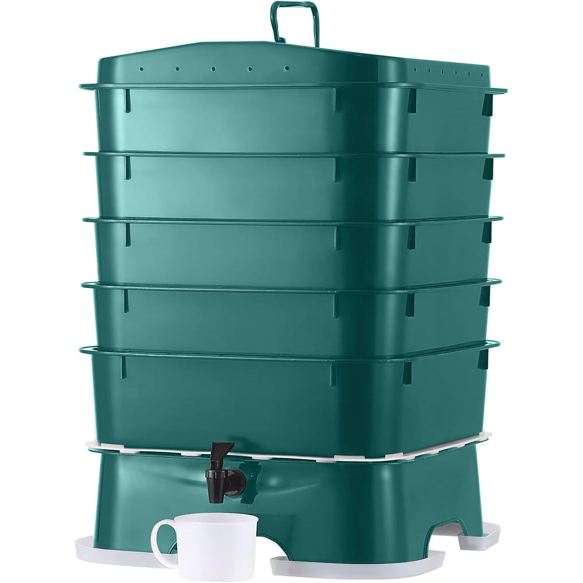 VermiHut front view showing stacked 5 trays and compact footprint benefit