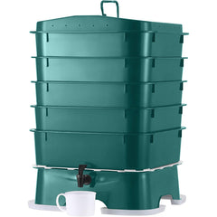 VermiHut front view showing stacked 5 trays and compact footprint benefit