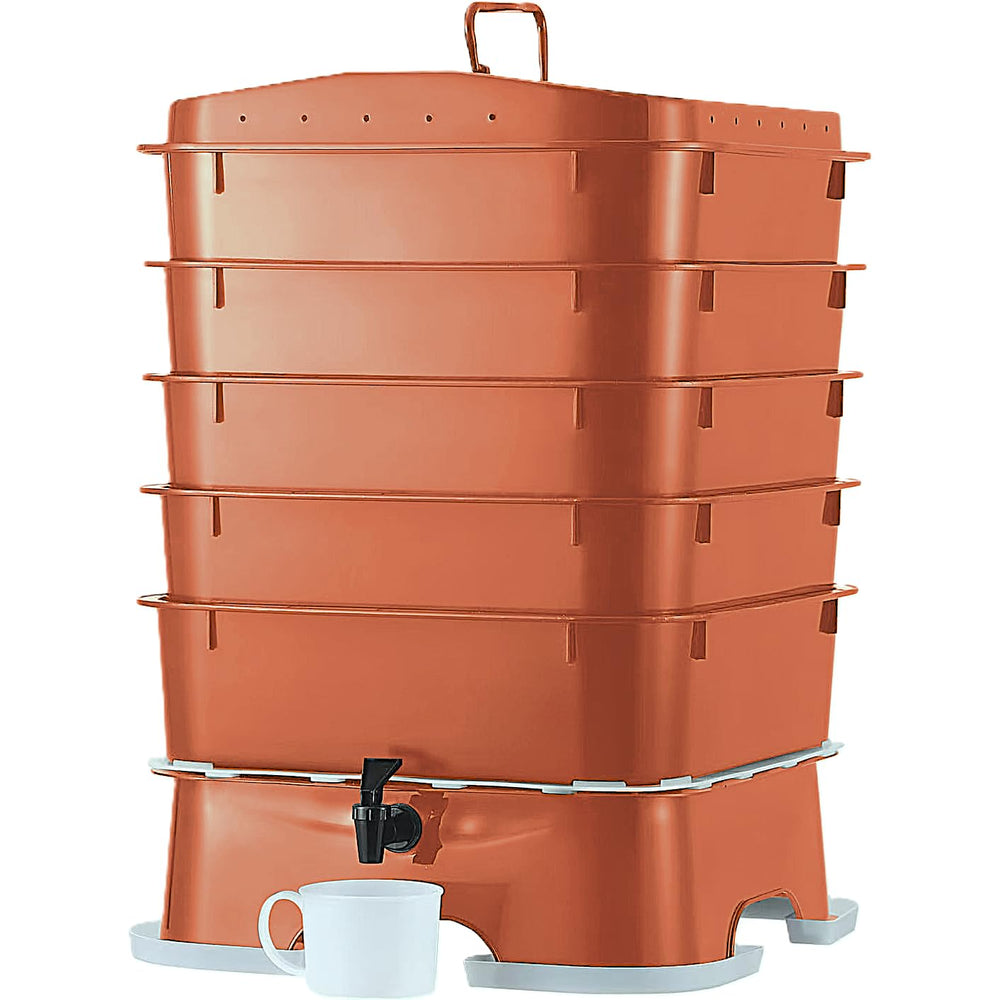 VermiHut front view showing terracotta five-tray unit and clean footprint benefit