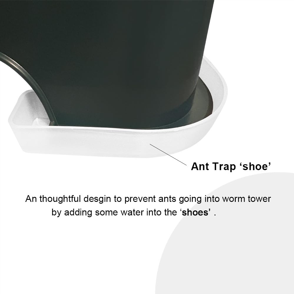 VermiHut stacked trays shown beside chair to illustrate compact scale
