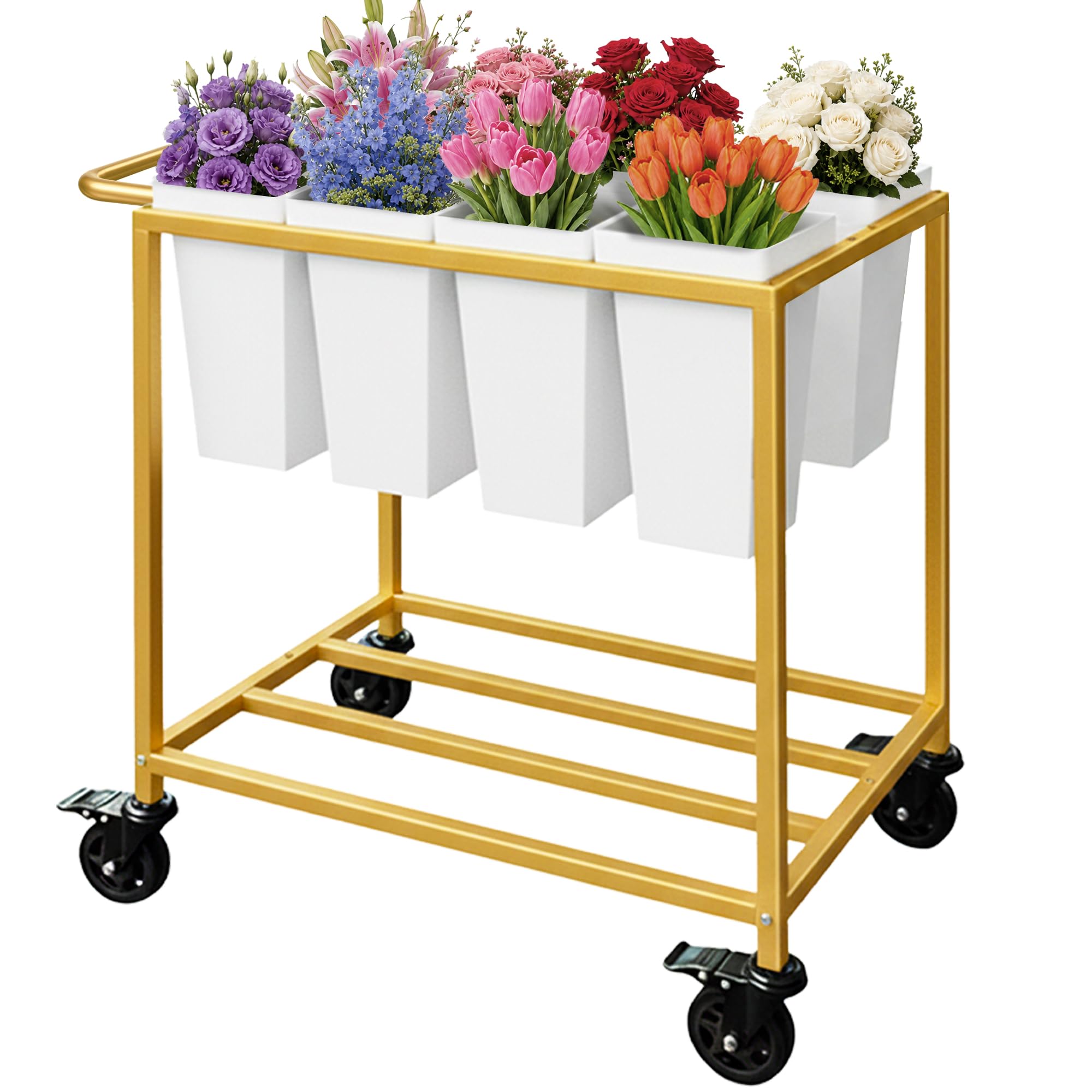 Verssure front view of gold flower cart showing eight buckets and tidy display benefit