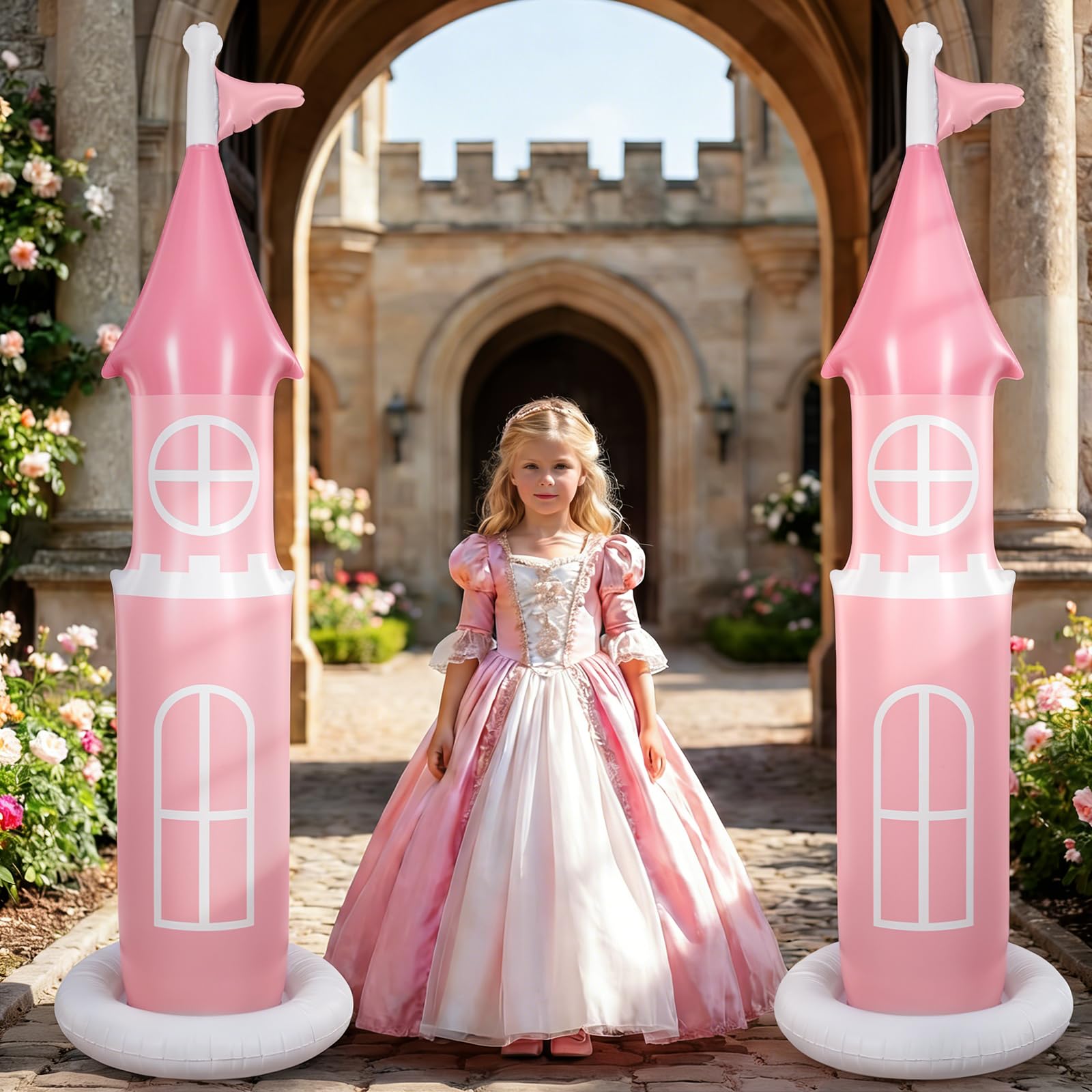 Vertintong front view of both pink castles showing party-ready centerpiece
