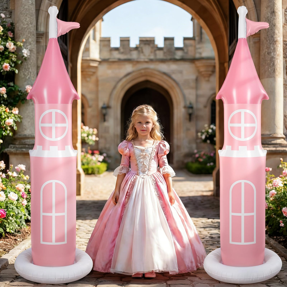 Vertintong front view of both pink castles showing party-ready centerpiece