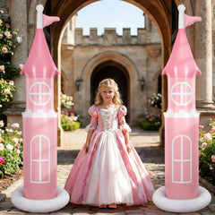 Vertintong front view of both pink castles showing party-ready centerpiece