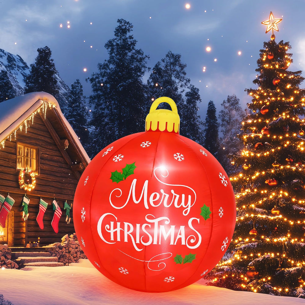 Vertintong front view of 4 ft red inflatable ball showing festive design and curb appeal