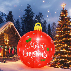 Vertintong front view of 4 ft red inflatable ball showing festive design and curb appeal