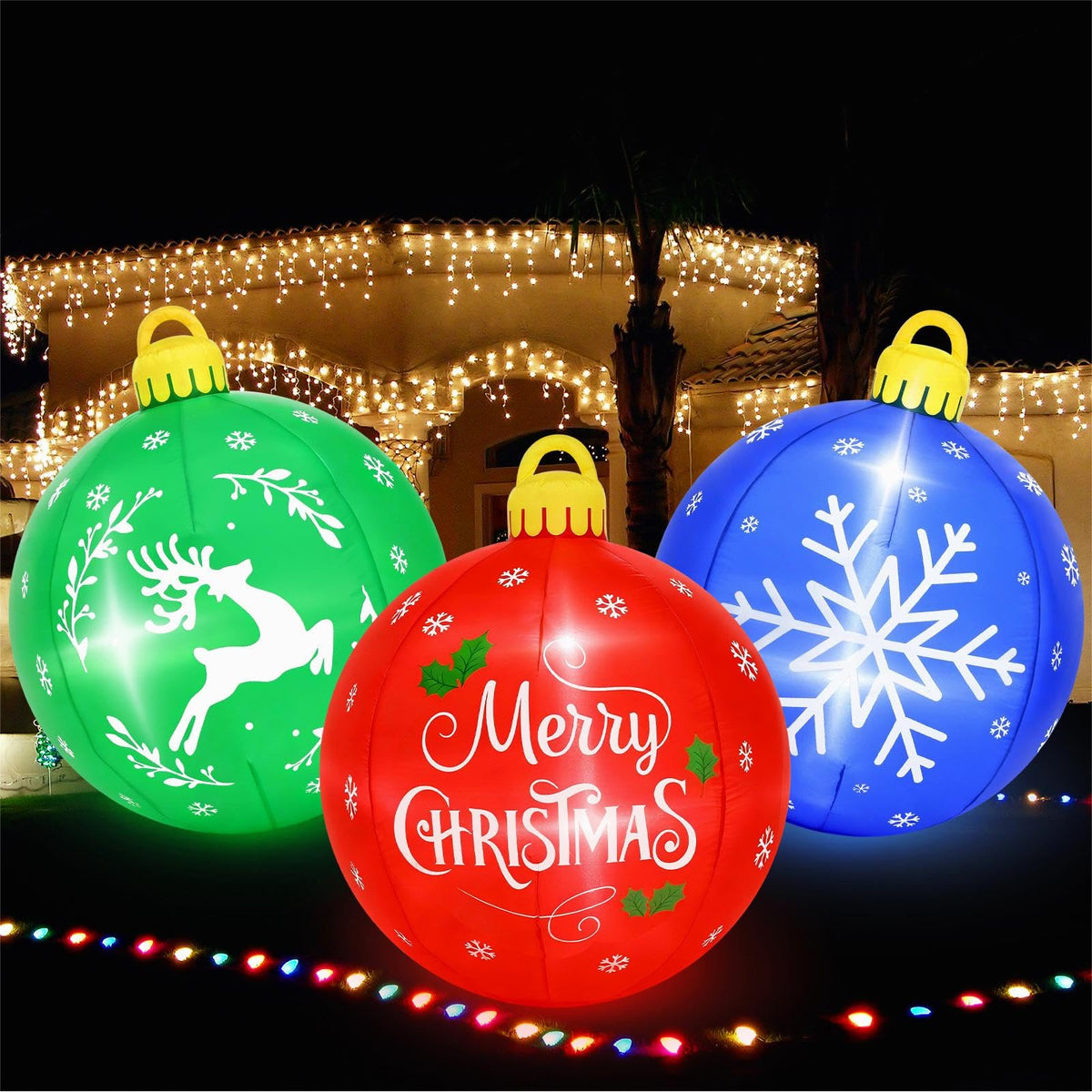 Vertintong front view of three giant Christmas balls showing festive designs and curb appeal