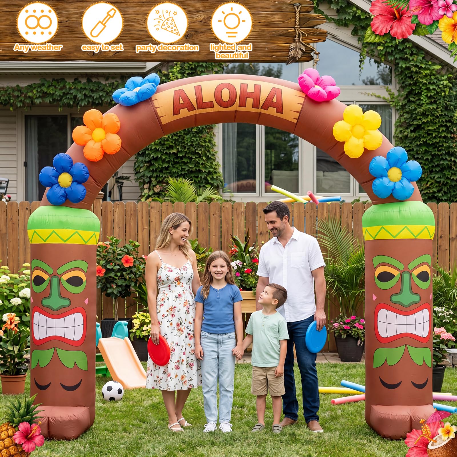 Vertintong anchored arch on lawn with stakes and sandbags for stable outdoor use benefit