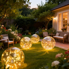 Vertintong lit at night in yard providing cozy warm yellow light