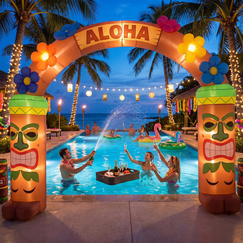 Vertintong poolside luau scene with arch as party backdrop creating festive atmosphere benefit