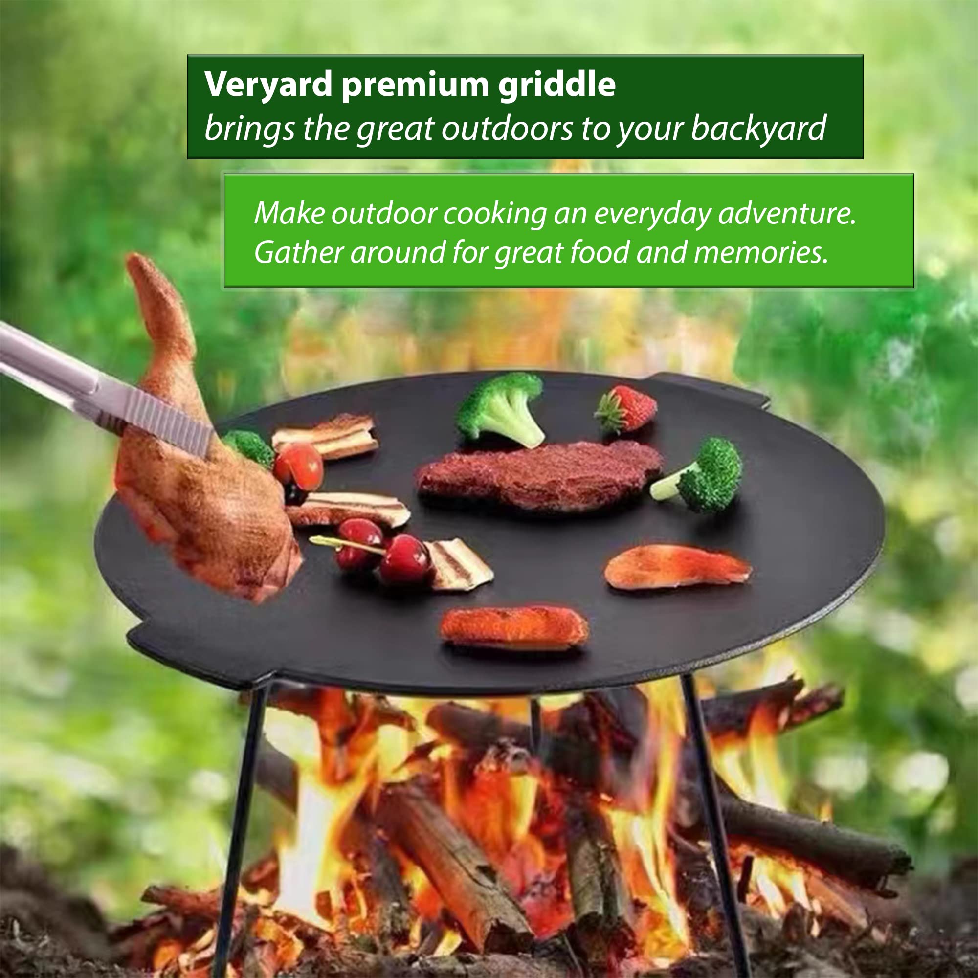 Veryard side profile with legs in place showing correct height over flame for controlled cooking