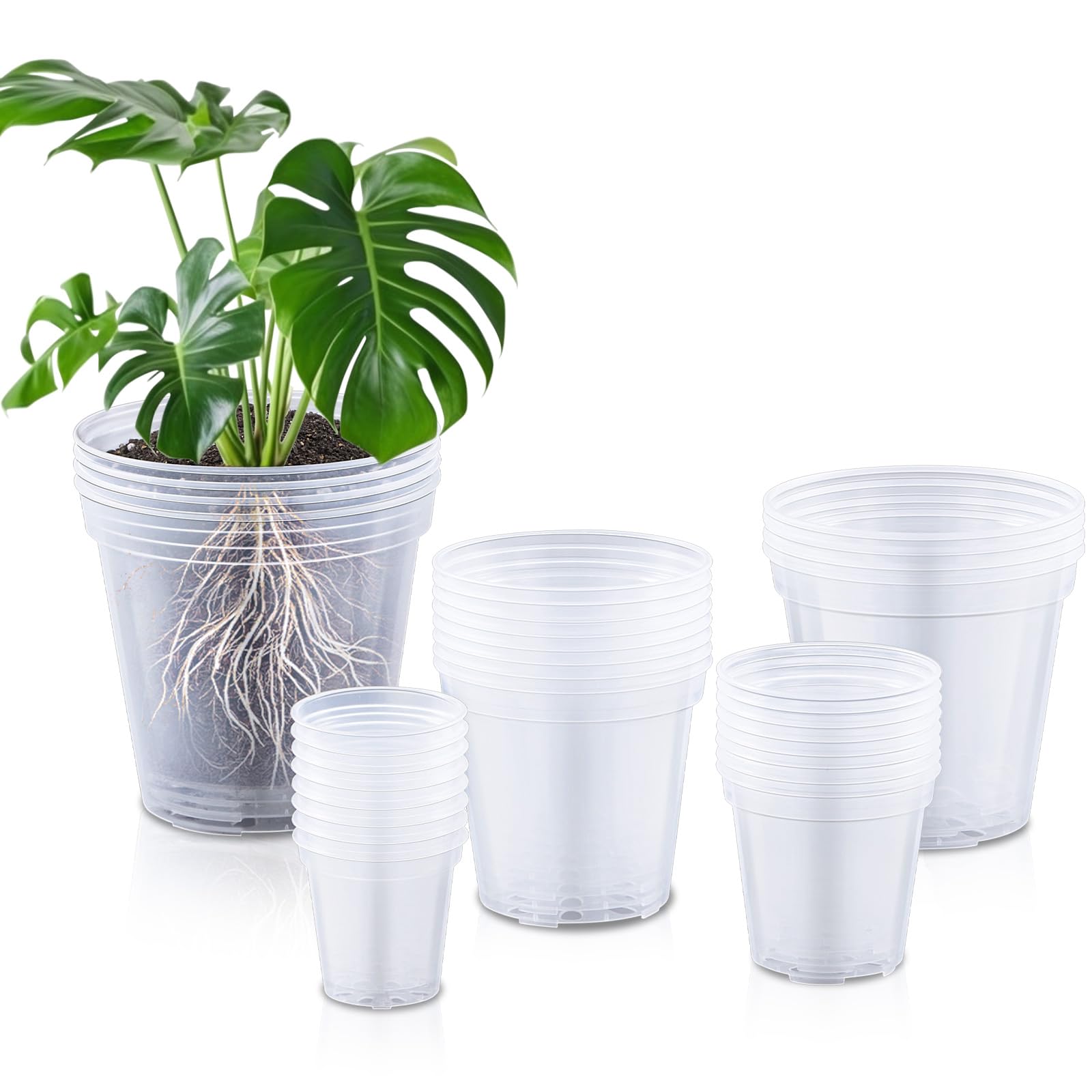 Vesici front packaging showing 32 clear nursery pots and size variety for easy selection