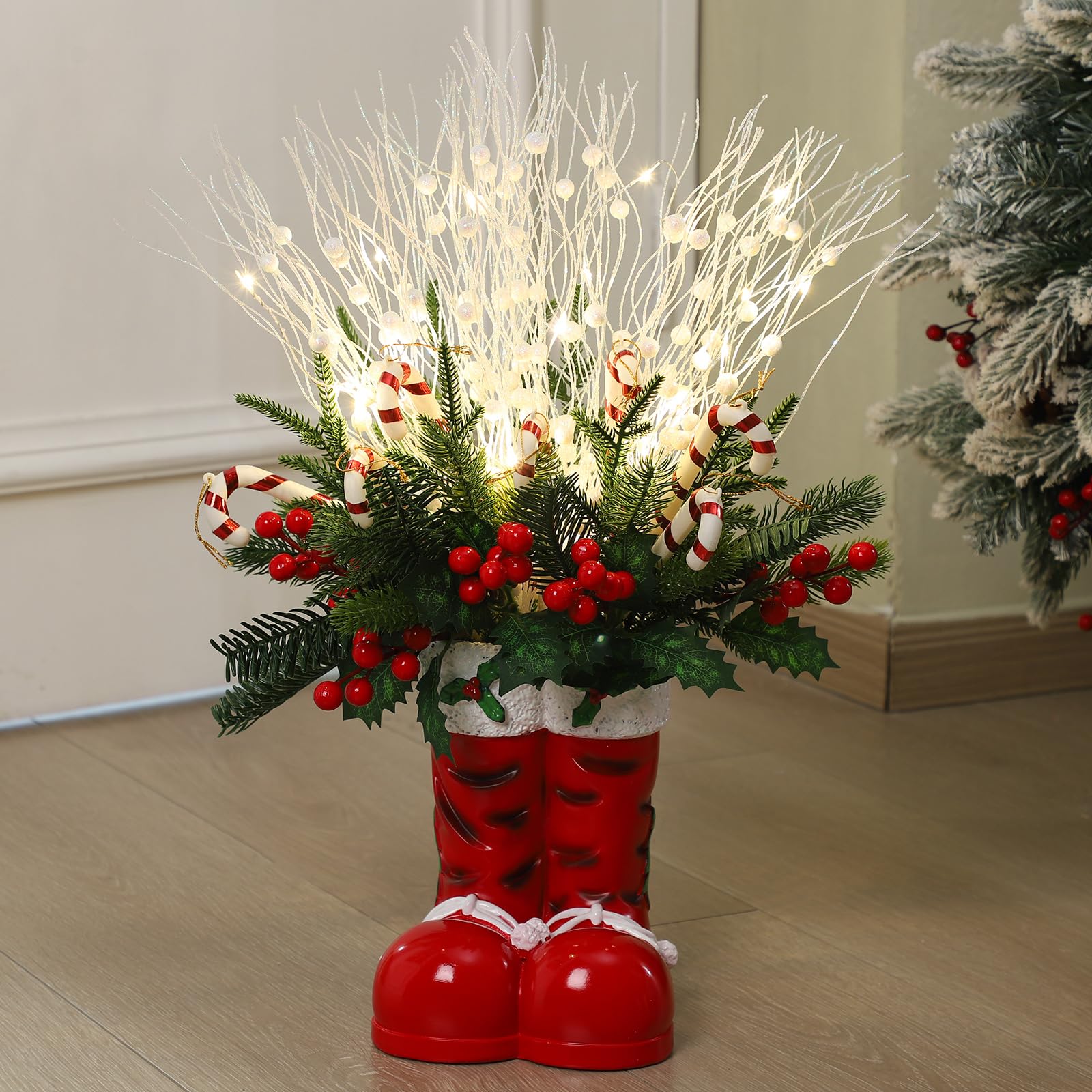 Vesici front view of Santa boot centerpiece showing full decoration and colors