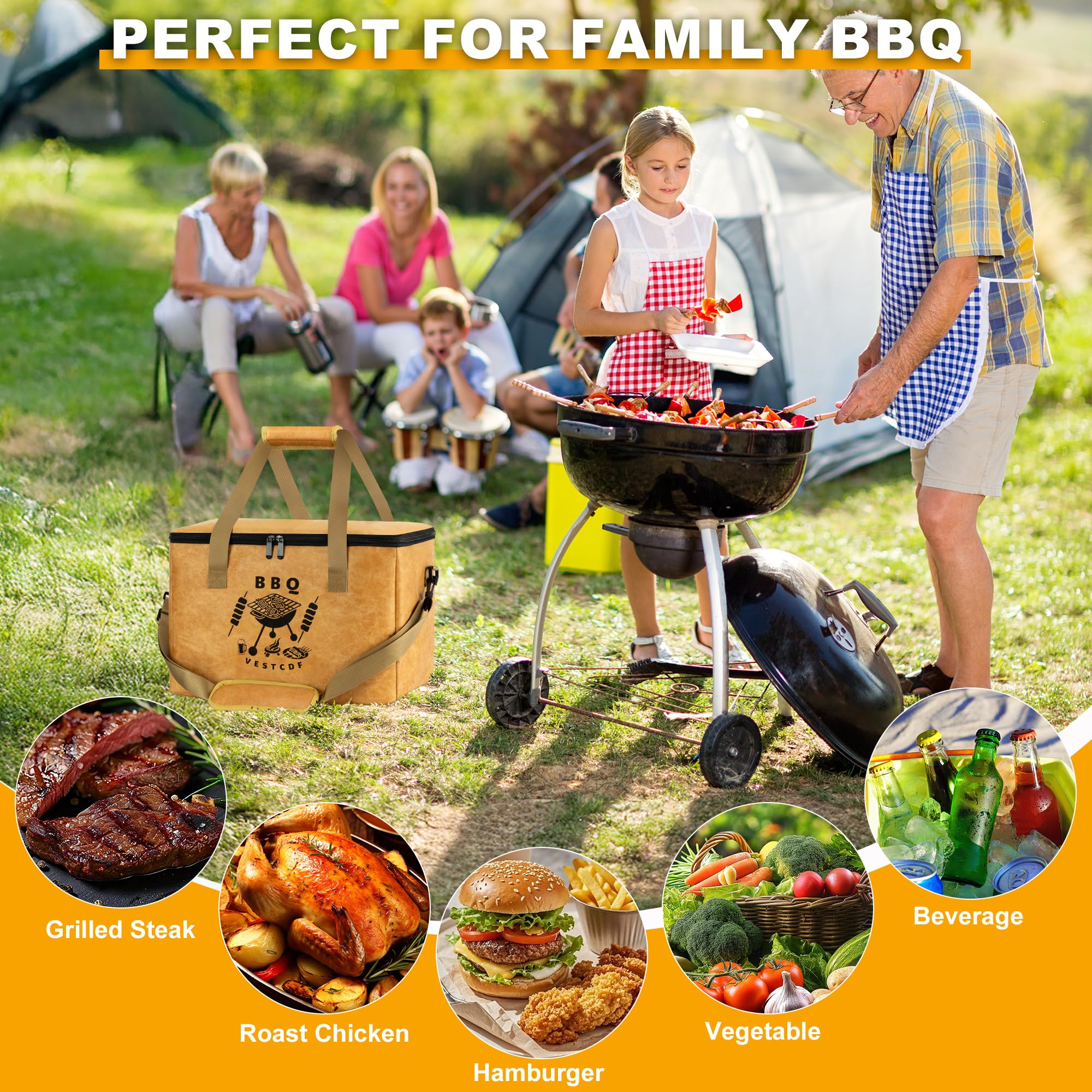 VESTCDF bag on picnic table in backyard scene for convenient serving benefit