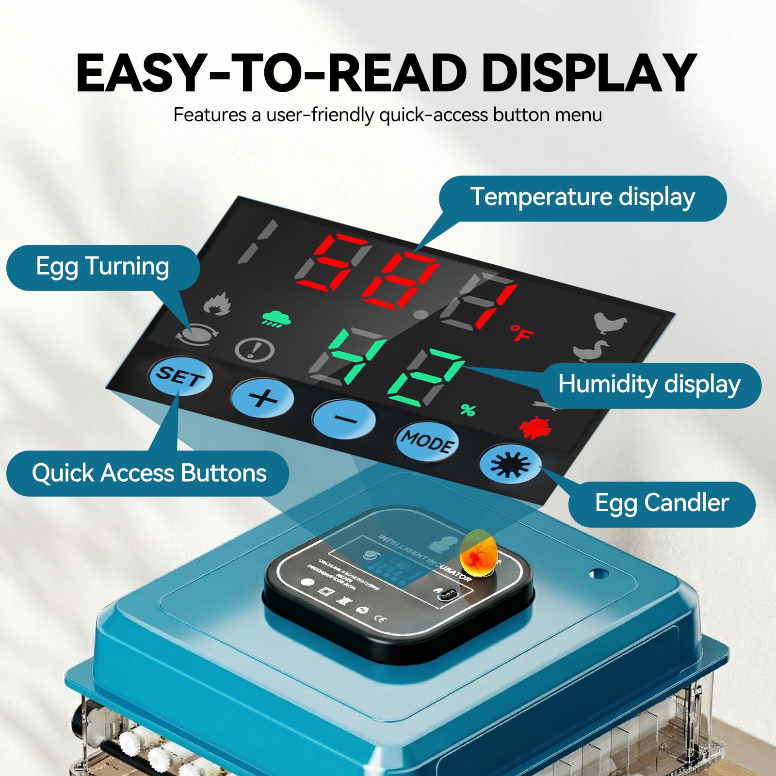 Vevitts digital control display close-up showing temperature humidity readouts and modes