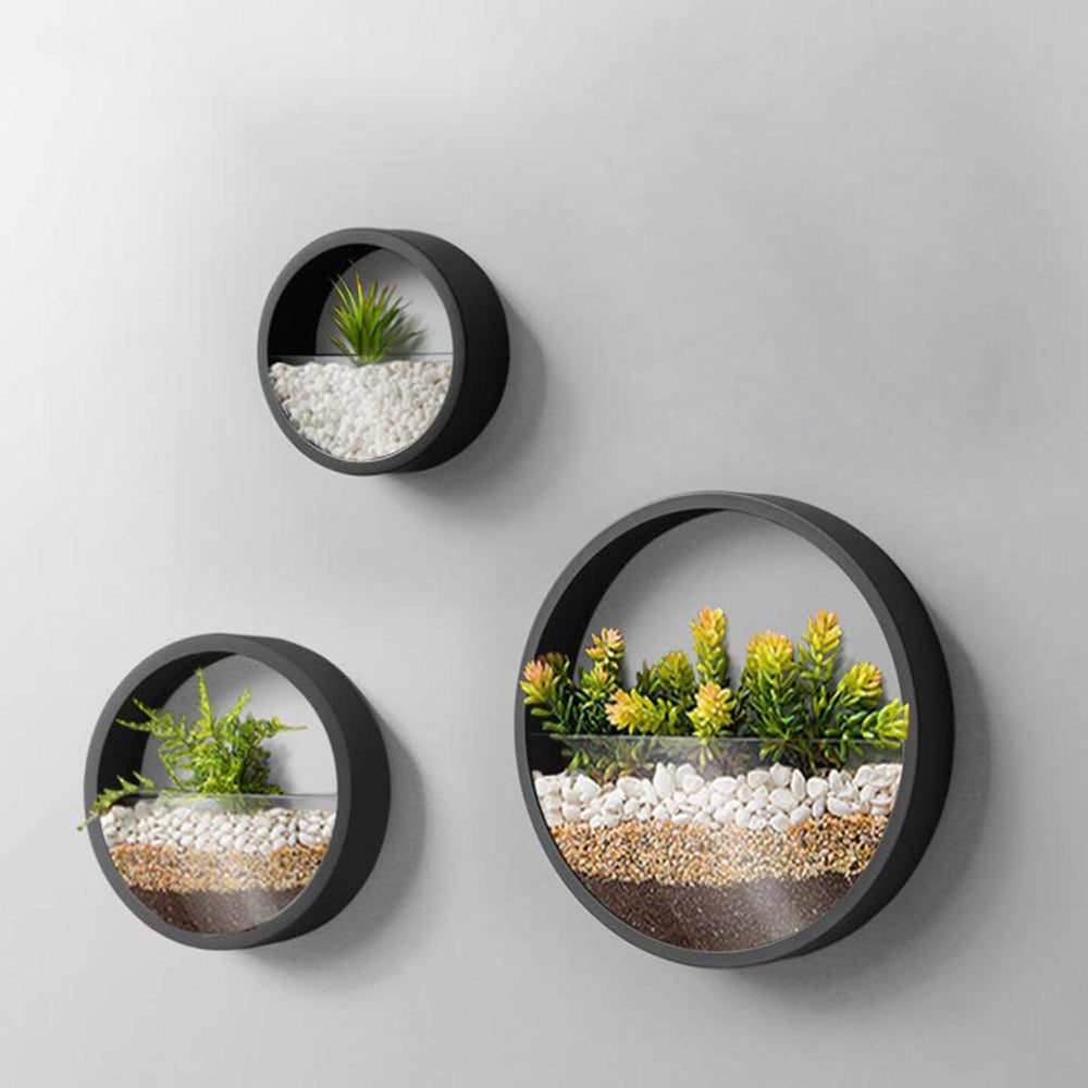 VEVLU front view of three black round wall planters showing modern styling and space-saving benefit