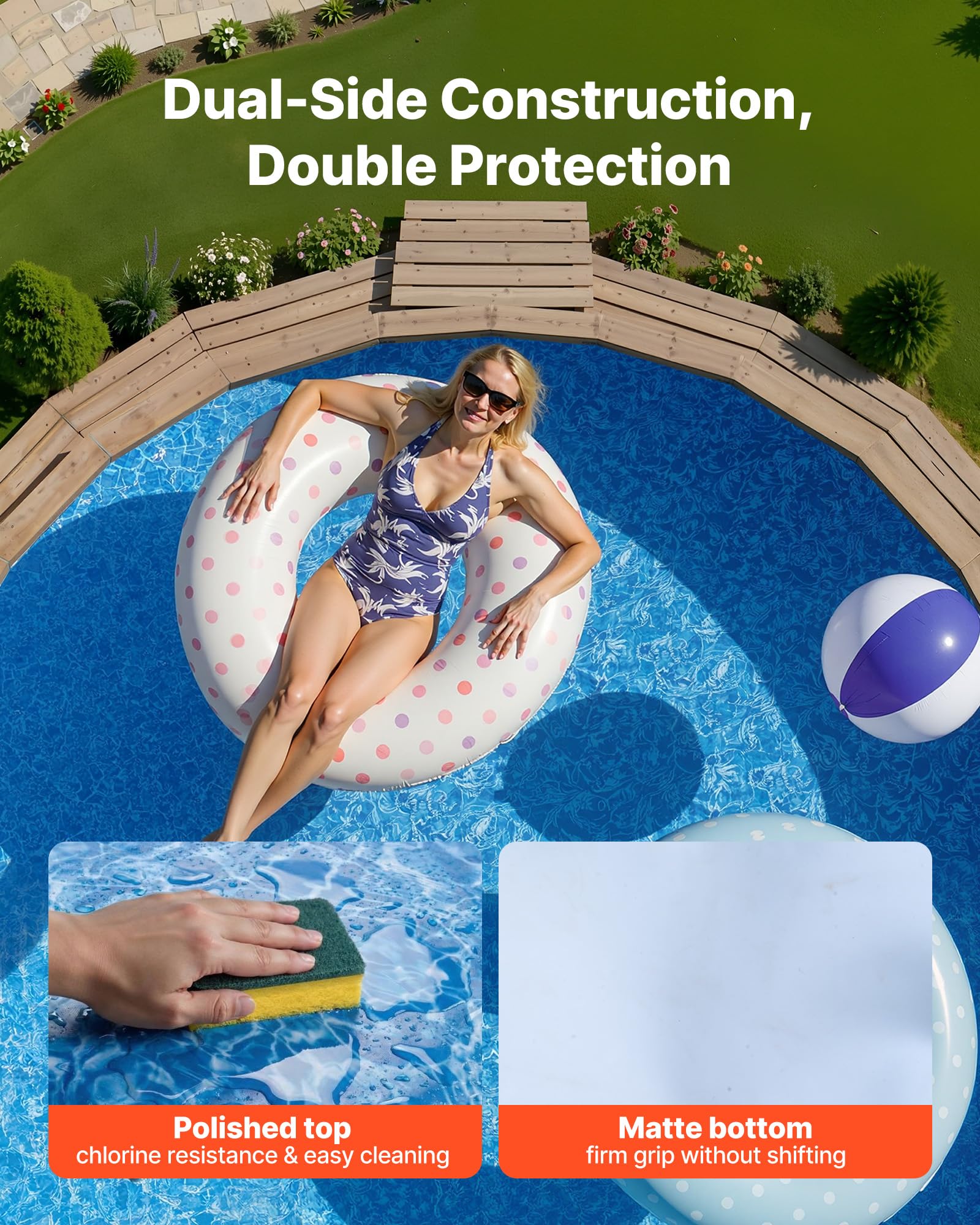 VEVOR installed liner in round steel-sided pool demonstrating wrinkle-free finish