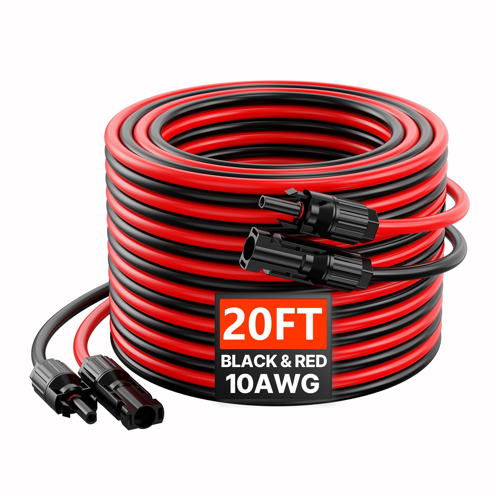 VEVOR front view of 20ft black and red solar extension pair showing connectors, durable and ready to use