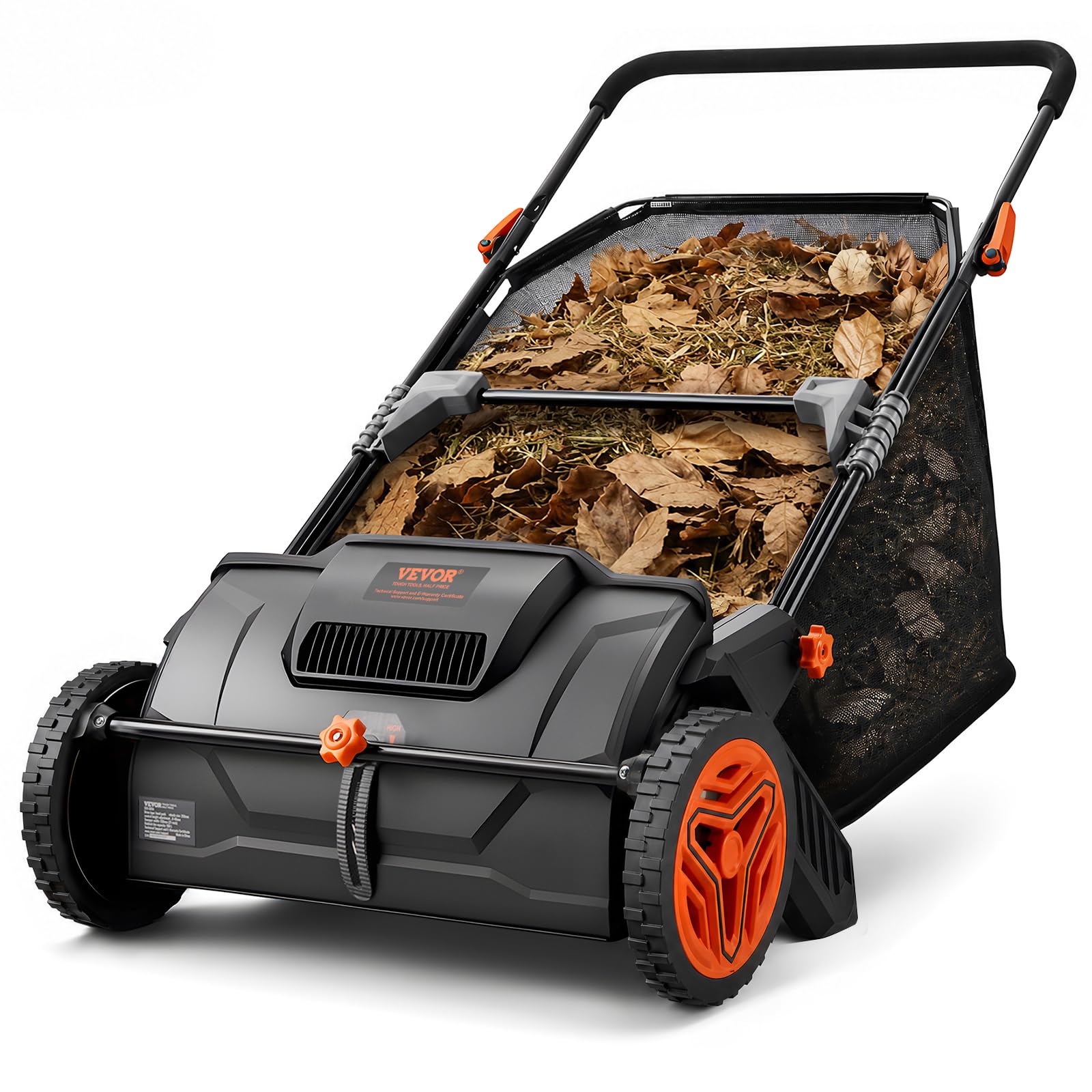 VEVOR front view of 21-inch lawn sweeper showing wide sweeping path and frame