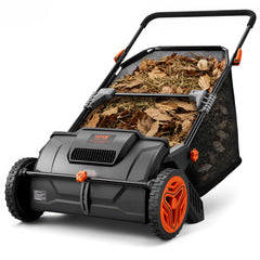 VEVOR front view of 21-inch lawn sweeper showing wide sweeping path and frame