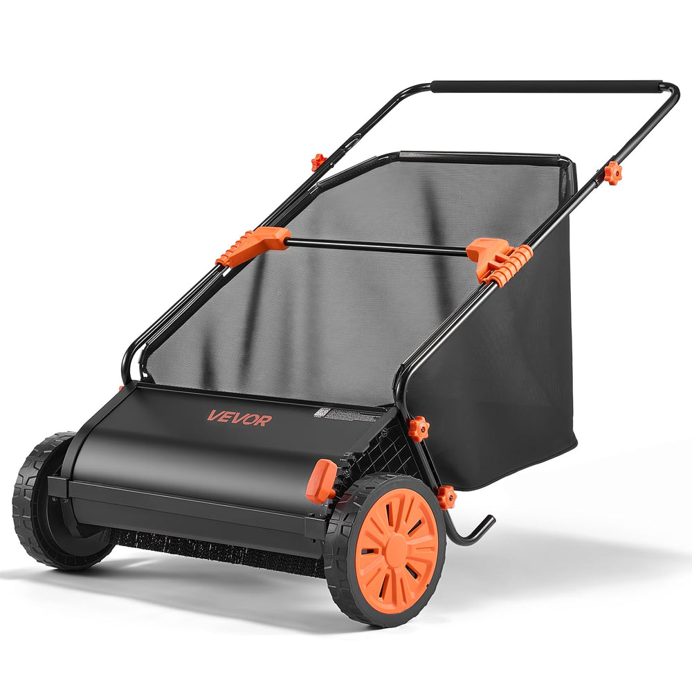 VEVOR front view of 26-inch sweeper showing full frame and hopper for fast cleanup