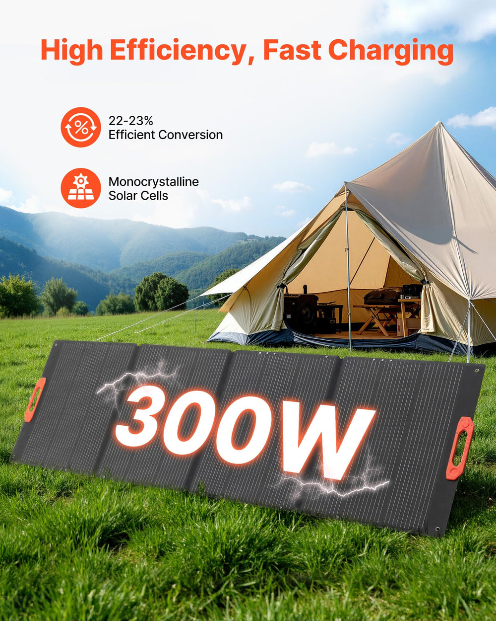 VEVOR unfolded 300W panel face highlighting full-area solar cells and power output